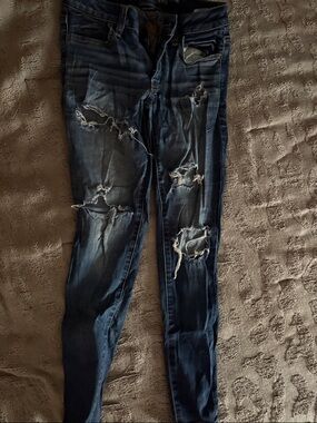 American Eagle Outfitters Distressed Skinny Jeans - Dark Blue